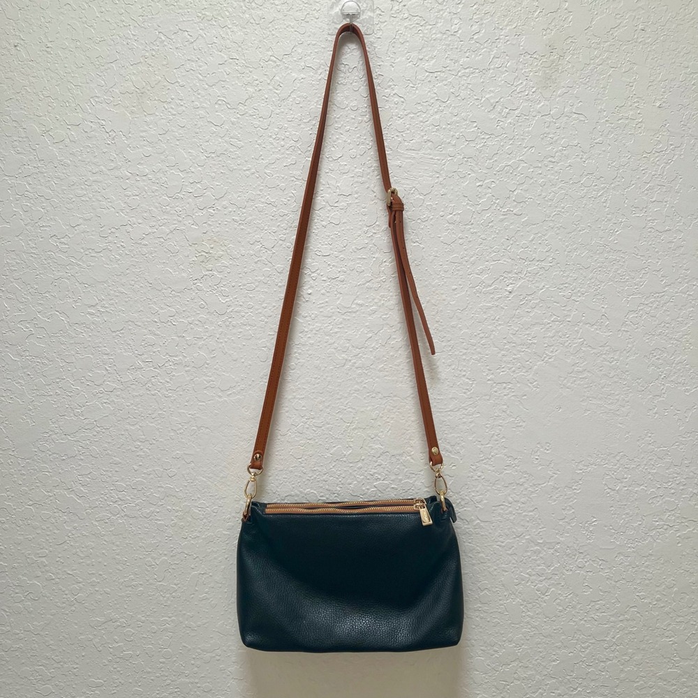 Valentina Black Pebbled Leather Triple Compartment Crossbody Bag‎ Tan Strap